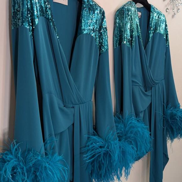 NWT Nervi Pami Teal Mini Dress with Sequin & Ostrich Feather Cuffs - Picture 7 of 10